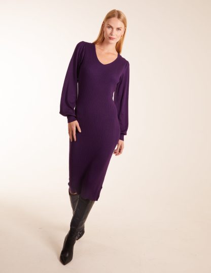 V-Neck Ribbed Bodycon Dress - XL / Purple