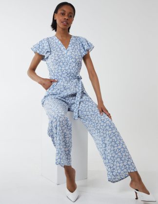 Wrap Front Frill Sleeve Jumpsuit - 12 / BLUE