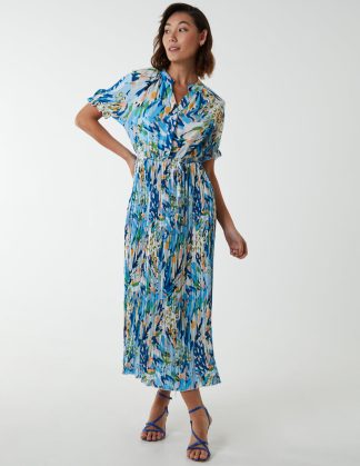 Abstract Pleated Maxi Dress - 12 / BLUE