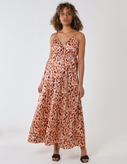 Leopard Print Strappy Wrap Over Maxi Dress - 10 / BROWN