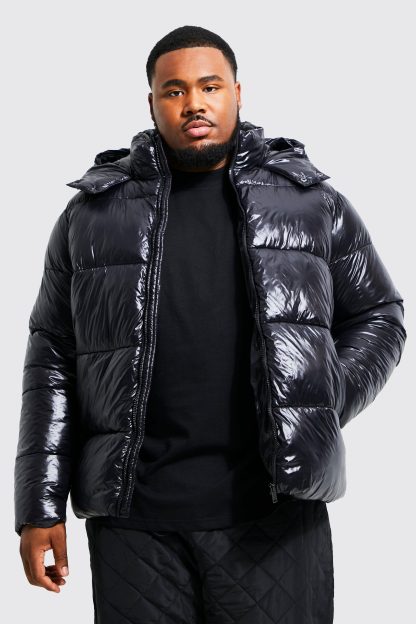 Mens Plus High Shine Puffer Jacket in Black, Black