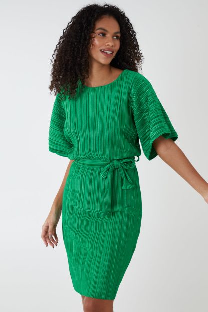 O-Neck Pleated Dress - 10 / GREEN