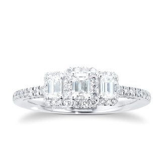 18ct White Gold 0.75cttw Diamond Emerald Halo 3 Stone Engagement Ring - Ring Size L