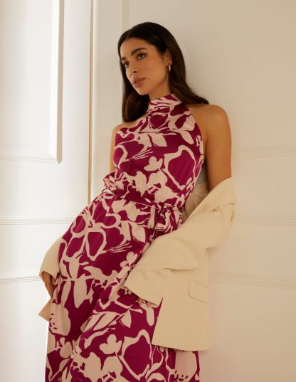 Abstract Print Halter Neck High Low Midi Wrap Dress - 12 / PINK PATTERN