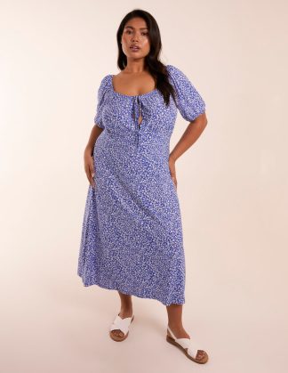 Curve Milkmaid Stretch Crepe Midi Dress - 20 / Light Blue