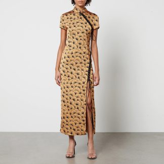 De La Vali Trapeze Printed Satin Midi Dress