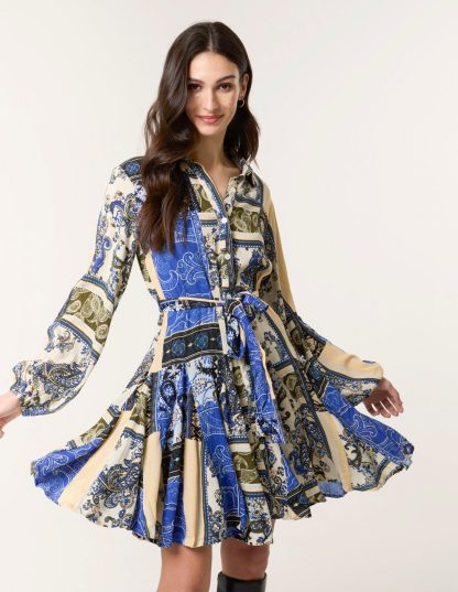 Godet Shirt Dress - L / BLUE PATTERN