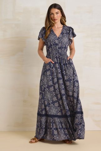 Lts Tall Navy Blue Tile Print Button Lace Insert Maxi Dress 24 Lts | Tall Women's Maxi Dresses