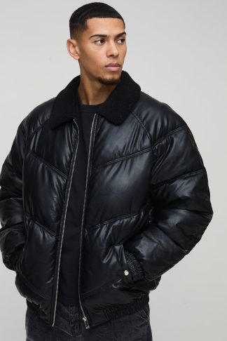 Mens Black Oversized Borg Collar PU Puffer Jacket, Black