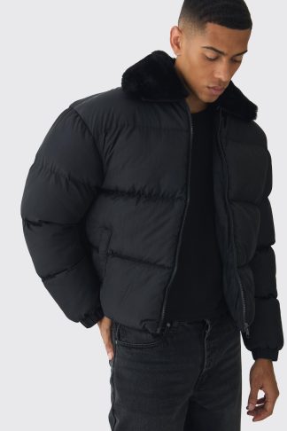 Mens Boxy Faux Fur Collar Puffer Jacket In Black, Black