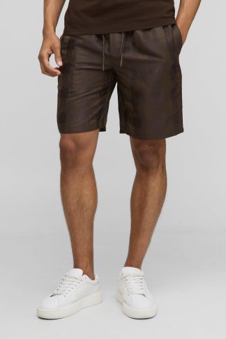 Mens Brown Elasticated Waist Relaxed Fit Satin Textured Shorts, Brown