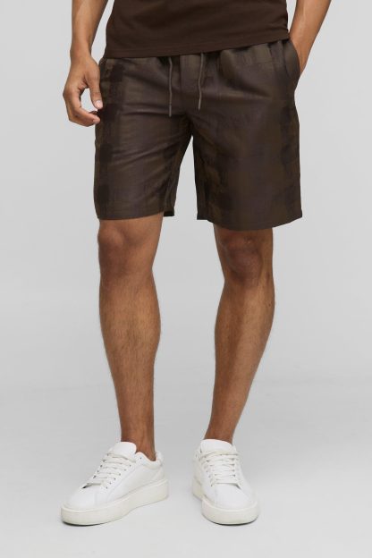 Mens Brown Elasticated Waist Relaxed Fit Satin Textured Shorts, Brown