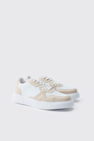Mens Cream Chunky Mesh Panel Trainers, Cream
