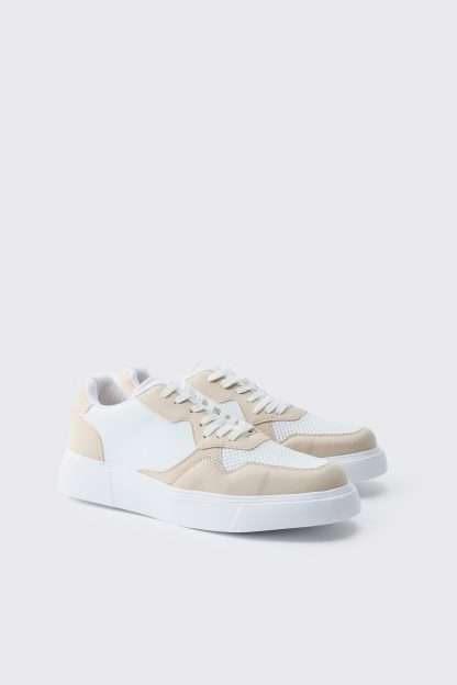 Mens Cream Chunky Mesh Panel Trainers, Cream