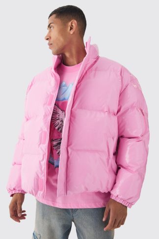 Mens Pink Oversized Boxy Vinyl Boxy Puffer Jacket, Pink