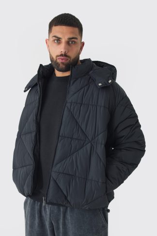 Mens Plus Abstract Quilted Puffer Jacket In Black, Black