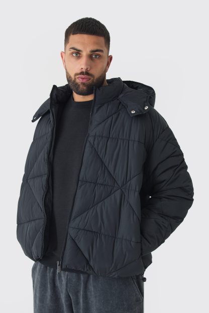 Mens Plus Abstract Quilted Puffer Jacket In Black, Black