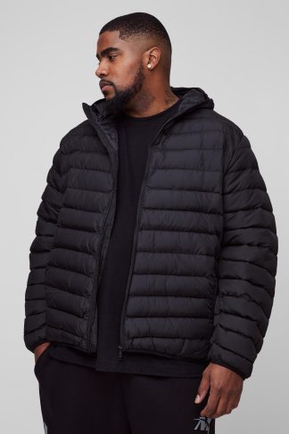 Mens Plus Zip Through Regular Fit Hooded Puffer Jacket In Black, Black