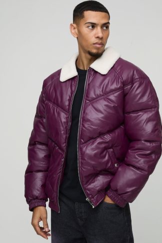 Mens Red Oversized Borg Collar PU Puffer Jacket, Red