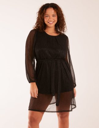 Metallic Plisse Belted Dress - ONE / BLACK