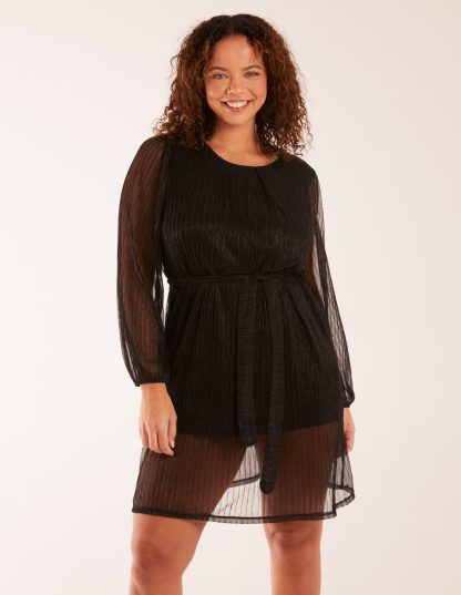 Metallic Plisse Belted Dress - ONE / BLACK