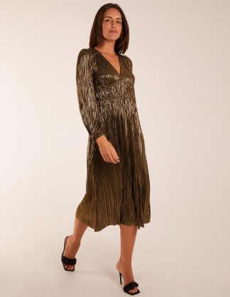 Plisse V-Neck Elasticated Midi Dress - 10 / GOLD