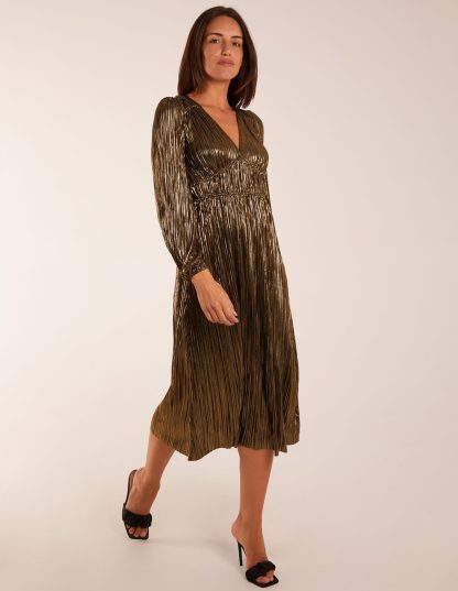 Plisse V-Neck Elasticated Midi Dress - 10 / GOLD