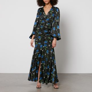 Rotate Birger Christensen Printed Ruched Satin Maxi Dress - DK 34/UK 6