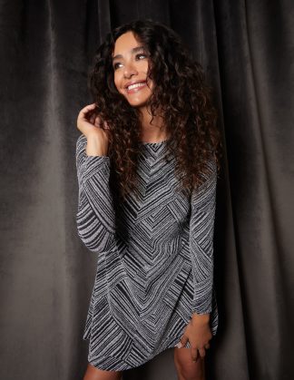 Stripe Glittery Long Sleeve Shift Mini Dress - XL / SILVER