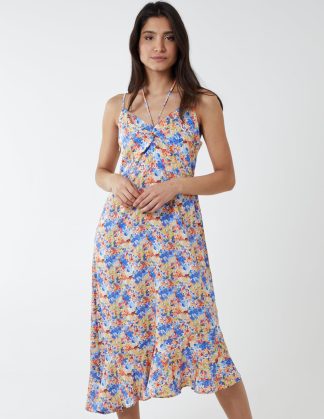 Twist Front Floral Print Midi Dress - 10 / BLUE