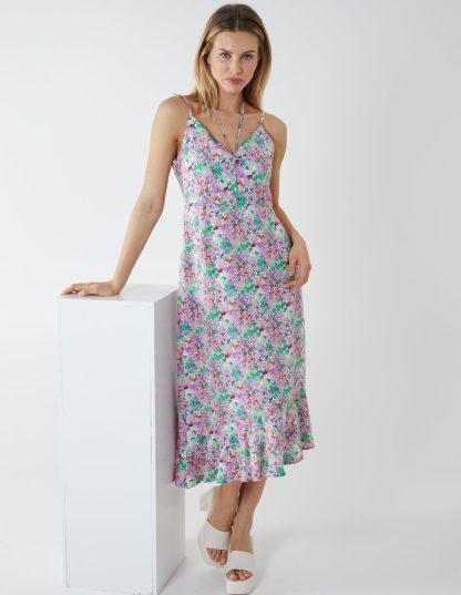 Twist Front Floral Print Midi Dress - 8 / Lilac