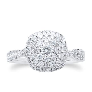 18ct White Gold Cushion Diamond Cluster Engagement Ring - Ring Size K