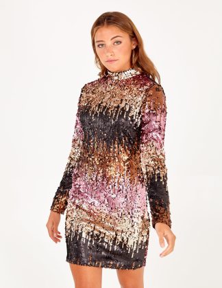ADELE - High Neck Ombre Sequin Dress - 12 / Copper