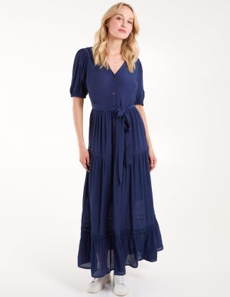 Button Through Tie Maxi Dress - 8 / NAVY