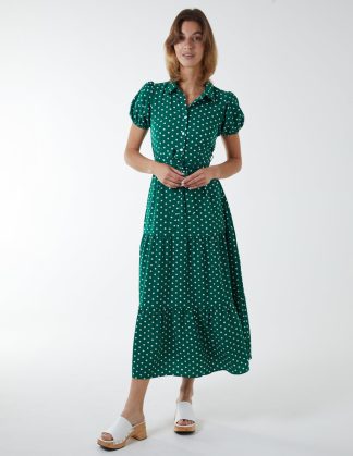 Collared Polkadot Maxi Dress - 10 / GREEN
