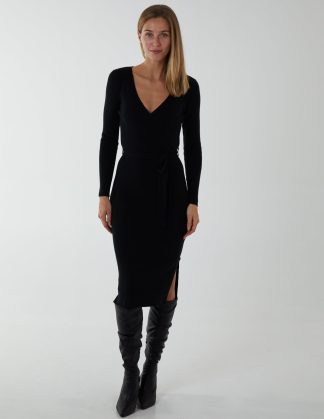 Cross Over Ribbed Dress - M/L / BLACK