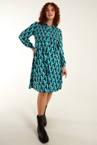 Curve Shirred Bust Long Sleeve Shirt Dress - 20 / Teal