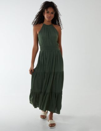 Drawstring Maxi Halter Neck Maxi Dress - 10 / KHAKI