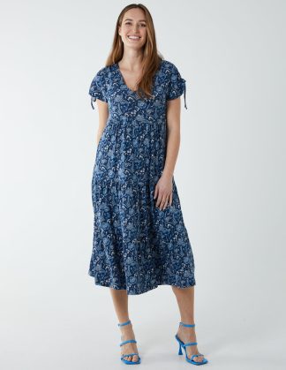 Drawstring Shoulder Volume Midi Dress - S / NAVY
