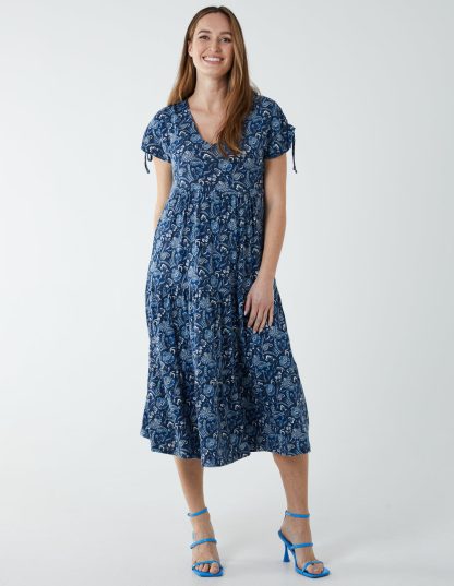 Drawstring Shoulder Volume Midi Dress - S / NAVY