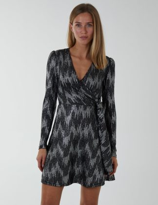 Fixed Wrap Skater Dress With Tie - 8 / SILVER