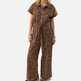 Lollys Laundry Mathilde Leopard-Print Denim Jumpsuit