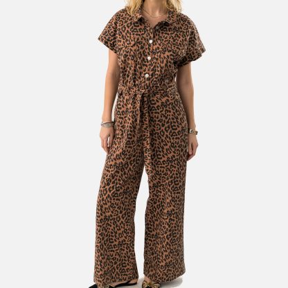 Lollys Laundry Mathilde Leopard-Print Denim Jumpsuit - XL