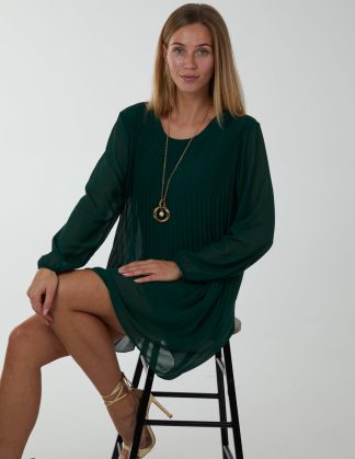 Long Sleeve Pleated Shift Dress - S/M / Bottle Green