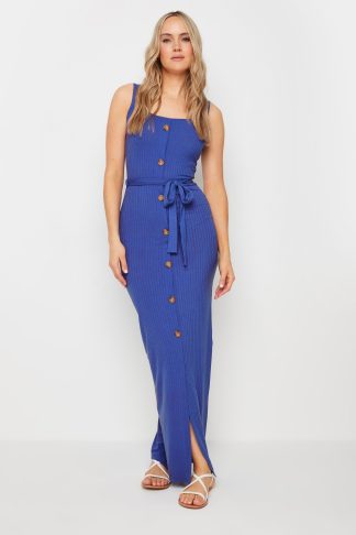 Lts Tall Blue Ribbed Button Through Maxi Dress 22-24 Lts | Tall Women's Maxi Dresses