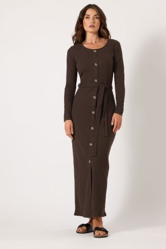 Lts Tall Chocolate Brown Ribbed Button Maxi Dress 22-24 Lts | Tall Women's Maxi Dresses