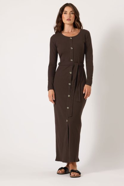 Lts Tall Chocolate Brown Ribbed Button Maxi Dress 22-24 Lts | Tall Women's Maxi Dresses
