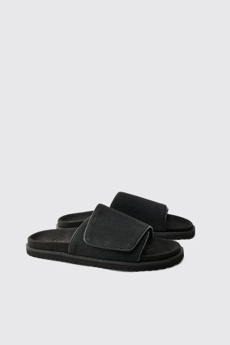 Mens Black Faux Suede Slider Style Skater Sole Sandal, Black