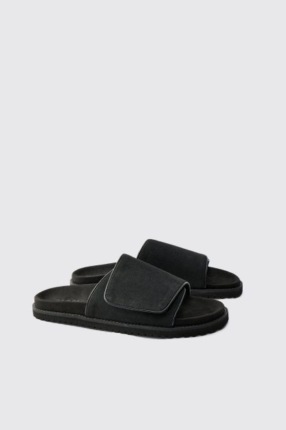 Mens Black Faux Suede Slider Style Skater Sole Sandal, Black