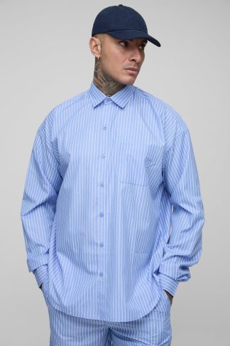 Mens Blue Tall Stripe Poplin Super Relaxed Curved Hem Shirt, Blue